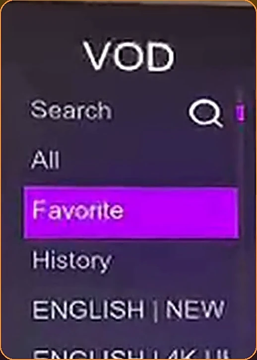 Infinity TV easy menu with Search, Favourites and History